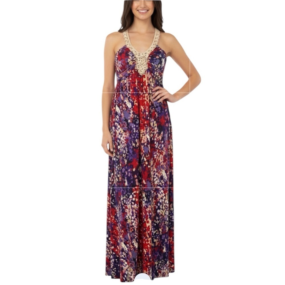 Elle colorful empire waist crochet neck support in maxi dress size M